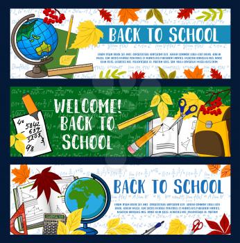 Back to School welcome banners of education stationery supplies and mathematics formula on green chalkboard. Vector school bag or book, pencil or ruler and computer or paint brush in autumn maple leaf