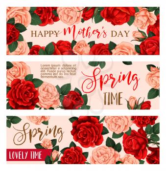Flower banner set of Mother Day and Spring Holiday template. Red and pink rose flower, green leaf and bud floral frame with greeting wishes in center for greeting card and festive flyer design