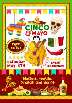 Cinco de Mayo Mexican holiday invitation design template for party fiesta. Vector entry flyer of Mexico flags, skull and guitar or chili pepper and sombrero with traditional food and cactus tequila