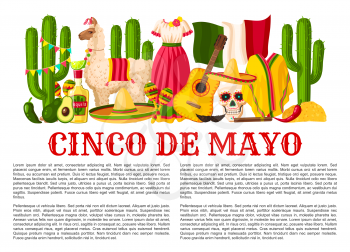 Cinco de Mayo Mexican holiday celebration poster for Mexico national holiday party or fiesta. Vector design of traditional Mexican sombrero, jalapeno pepper, guitar and cactus tequila and Mexico flag