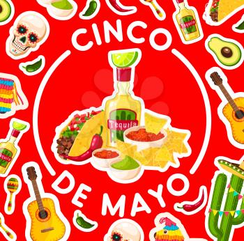 Cinco de Mayo holiday poster with mexican fiesta party food and drink. Chili pepper, avocado guacamole and jalapeno, taco, nachos and salsa, tequila and lime, framed by sombrero, maracas and cactus