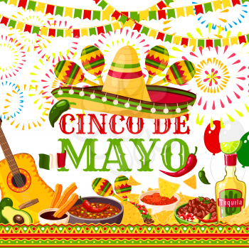 Cinco de Mayo greeting card for Mexican holiday or fiesta party celebration of jalapeno pepper, sombrero and tequila or maracas. Vector traditional Cinco De Mayo holiday Mexican food and flag symbols