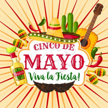 Cinco de Mayo mexican holiday greeting poster. Fiesta party sombrero, maracas, chili and jalapeno pepper, tequila margarita, cactus and guitar for Latin American spring festival themes design