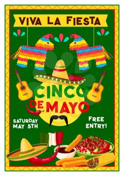 Cinco de Mayo party fiesta invitation flyer for Mexican national holiday celebration. Vector design of Mexico sombrero, jalapeno pepper and cactus tequila with mustaches and traditional food