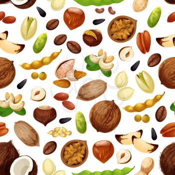 Nuts seamless pattern. Vector coconut, almond or peanut and pistachio kernels, pumpkin and sunflower seeds, walnut and hazelnut or filbert and pea or bean pod snack for nut shop or market