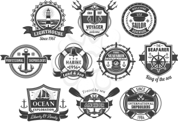 Nautical seafarer badges and marine heraldic icons. Vector ship anchor, captain helm and lighthouse, crossed paddles or trident and ocean frigate, lifebuoy and sailor compass with stars and ribbons