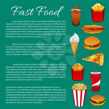 Fast food poster template on fastfood meals nutrition. Vector nutrition infographics of burgers and sandwiches, french fries snack, popcorn and ice cream dessert, soda or coffee drinks