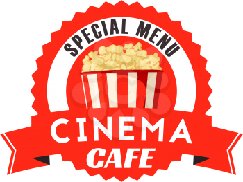 Pop corn box icon for cinema cafe or movie theater bistro menu design template. Vector isolated symbol of sweet popcorn fast food dessert in red stripes paper box with ribbon
