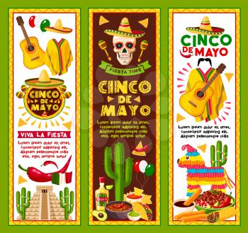 Cinco de Mayo banners for Mexican national holiday celebration. Vector design for fiesta party of Mexico sombrero, jalapeno pepper and cactus tequila with skull and traditional food on Aztec pyramid