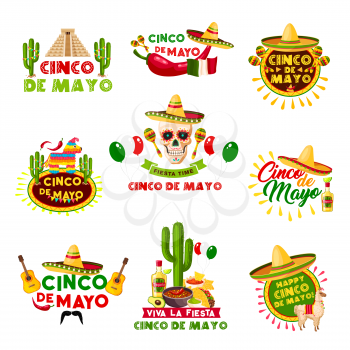Cinco de Mayo Mexican holiday celebration icons. Vector set of Mexico Aztec pyramid, sombrero hat and skull with jalapeno chili pepper, guitar and tequila for party or greeting card design template