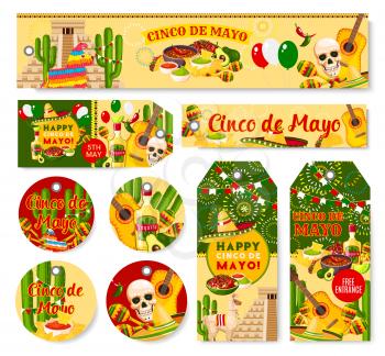 Cinco de Mayo Mexican holiday party celebration banners and tags. Vector set of party greetings and traditional Mexican flag, jalapeno pepper and skull in sombrero or guitar for Cinco de Mayo fiesta