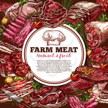 Fresh meat sketch poster for organic farm or grocery store. Vector poster with different meat: beef steak, pork roast and bacon or chicken. Fresh meat with vegetables onion, tomato, garlic and greens