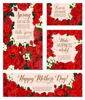 Spring is in Air seasonal greeting cards for Mother day holiday of red roses and flowers bunch for springtime season celebration. Vector design of blooming roses bouquets and white spring crocuses