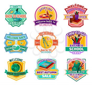 Back to School sale offer icons or tag labels for September autumn seasonal education design. Vector set of school bag, lesson book or paint brush and chemistry vial, notebook or ruler and maple leaf