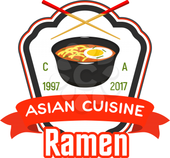 Sign for asian cafe or restaurant. Ramen symbol for chinese cuisine restaurant. Cook icon design for bistro. Symbol of asia fast food can be used as part of advertisement. Badge with asian food in bowl