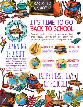 Back to School time poster design of sketch school bag and lesson stationery. Vector school book or notebook and mathematics calculator, pen or pencil and geography globe or art drawing paint brush