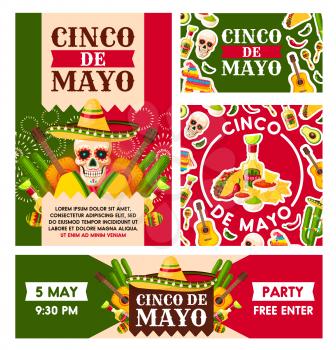 Cinco de Mayo Mexican national holiday celebration greeting cards. Vector party posters design of Mexico flag colors, sombrero on skull and traditional food nachos, tacos or burrito with avocado salsa