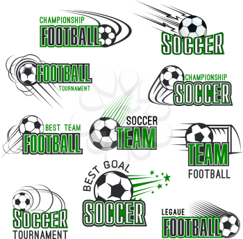 Soccer cup championship icons templates for football club or college league sport tournament. Vector isolated symbols of soccer ball goal and champion stars for football team game