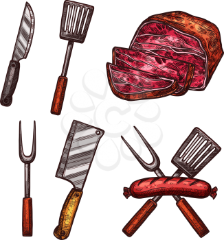 Meat grill sausages, steake and barbecue cutlery or butchery cooking or meat carving kitchen tools. Vector sketch isolated icons of bbq pork bacon or beefsteak burger cutlet, knife or spatula fork