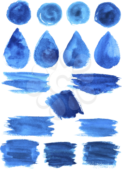 Blue watercolor paint strokes, blobs and splashes or abstract shapes. Vector isolated stain icons by aquarelle paintbrush drops or droplets, lines and round circles with watercolor color gradient