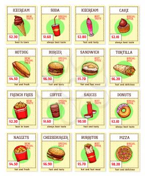Fast food meals burgers and sandwiches or desserts price cards menu sketch design. Vector set for fastfood restaurant or cafe cheeseburger or ice cream and donut dessert combo, hamburger and fries