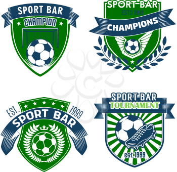 Soccer club championship icons templates for football college league or sport team bar. Vector heraldic badge shields of soccer ball, winner cup or stars and victory laurel ribbon with stars