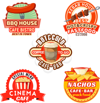 Fast food cafe bistro or cinema bar icons templates for hot dog or kebab house or Mexican nachos. Vector isolated set of sausage bbq, fastfood popcorn and sauce chips snacks or coffee and soda drink