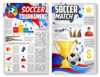 Soccer sport match or football club tournament game poster for infographics. Vector statistics of soccer victory cup and football ball goal scores, players team flag and champion prize awards diagram