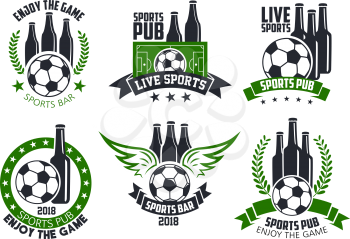 Soccer live game icons of football ball for sports pub or fan club beer bar. Vector isolated symbols of beer drink bottles in crown and laurel, soccer goal or football ball wings for championship