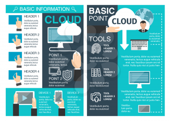 Internet information cloud technology brochure for personal data protection and communication technical support. Vector design for digital technologies, reliable data storage and system communication