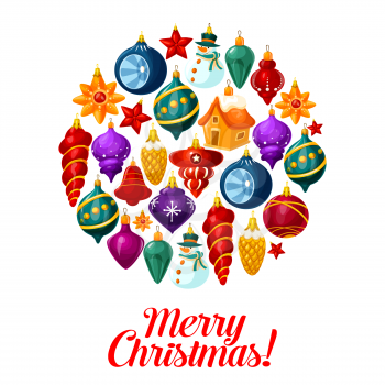 Christmas tree ball poster, composed of Xmas ornaments. New Year bauble in shape of snowman, bell and star, house, pine tree cone and icicle with wishes of Merry Xmas for winter holidays greeting card
