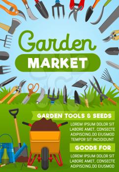 Gardening tool banner with agriculture equipment frame for garden market design. Shovel, rake and glove, watering can, spade and wheelbarrow, fork, pitchfork and secateurs, bucket, scissor and axe