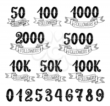 Followers quantity number icons for social nets subscribers. Vector isolated numbers lettering in retro design set of 10, 100 hundreds and thousands followers for social net victory ribbons