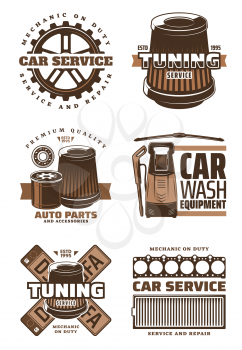 Car service and auto part repair shop retro symbol set. Gear wheel, motor oil and air filter, number plate, car washing machine and wiper vintage emblem for vehicle and engine tuning station design