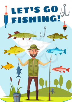 Fisherman with rod and fish catch for Lets Go Fishing poster template. Fisher standing on river bank with spinning, hook and bait, surrounded by salmon fish, carp and pike for fishing sport design
