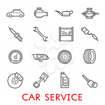 Car service and auto repair thin line icon set. Wheel, vehicle engine and oil, mechanic tool box, wrench and break, gear, tire and spanner, spark, speedometer and key for transportation themes design