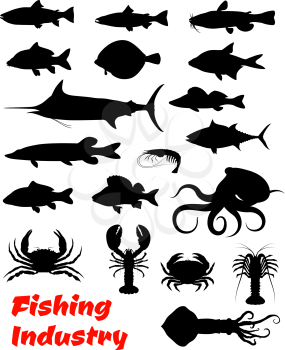 Fish and seafood black silhouette for fishing industry design. Crab, octopus and lobster, shrimp, squid and tuna, salmon, blue marlin and perch, trout, carp and flounder isolated icon