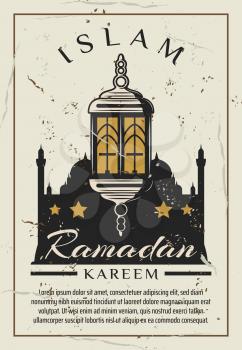 Islam mosque retro grunge banner for Ramadan Kareem celebration. Festive Ramadan lantern and muslim minaret with star and arabic ornament for Eid Mubarak greeting card design