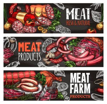 Meat and sausage chalkboard banner with farm food product. Beef and pork sausage, salami and bacon, chicken, grilled frankfurter and pepperoni chalk sketch on blackboard for butcher shop menu design