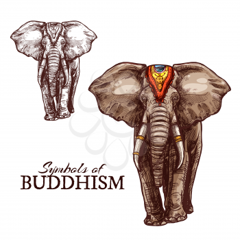 Indian elephant sketch of buddhism religion animal. Elephant animal symbol of physical and mental strength in buddhism religion, decorated with silk caparison, golden necklace and bracelet