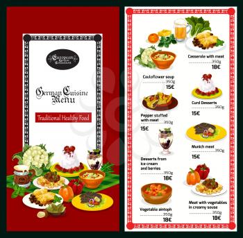 German cuisine restaurant menu template of traditional bavarian food and drink. Meat stew and casserole with vegetable, steak, beer, cabbage soup and pasta with cheese sauce, fruit and cream dessert