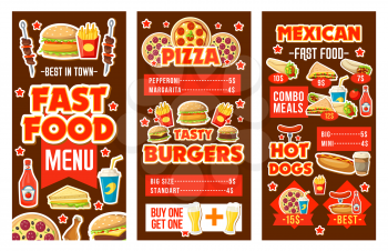 Fast food cafe banners of burgers and hamburgers, hot dog or sandwich and pizza, french fries, chicken and barbecue, burrito and soda, ketchup and mustard, menu templates with meals or snacks vector