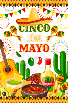Cinco de Mayo fiesta celebration poster design of tequila, jalapeno pepper or cactus and guitar. Vector sombrero and traditional food burrito and guacamole avocado for Cinco de Mayo Mexican holiday