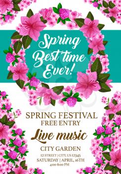 Spring time festival or springtime party invitation card or entry leaflet for live music event. Vector design of blooming lilac, garden hibiscus and violet blossom in flourish wreath