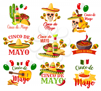 Cinco de Mayo labels vector. Federal holiday in Mexico Cinco de Mayo. Different symbolic signs with chili or hat, maracas and guitar, tequila and lime, colorful festive balloonstraditional holiday
