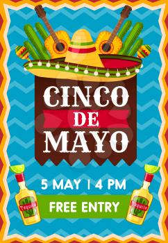 Creative festive poster for Cinco de Mayo party on blue background. Mexican holiday Cinco de Mayo poster with guitar and hat, maracas and tequila, lime symbols of Cinco