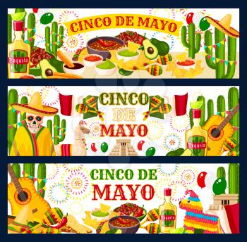 Cinco de Mayo Mexican holiday fiesta celebration greeting banners of traditional food and Mexico symbols. Vector Mexican flag, tequila or cactus and tacos in avocado guacamole or jalapeno pepper