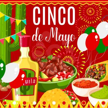 Cinco de Mayo Mexican holiday fiesta celebration greeting card of traditional food and fireworks. Vector design of balloons in Mexican flag, tequila with tacos and guacamole or burrito tortilla