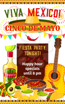Cinco de Mayo fiesta celebration invitation poster design for happy hour on tequila, jalapeno pepper and food. Vector sombrero and traditional symbols of Cinco de Mayo Mexican holiday celebration