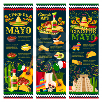 Cinco de Mayo Festival greeting banner for mexican holiday celebration design. Latin American fiesta party food and festive symbol of sombrero hat, maracas and pepper, tequila, cactus and guitar